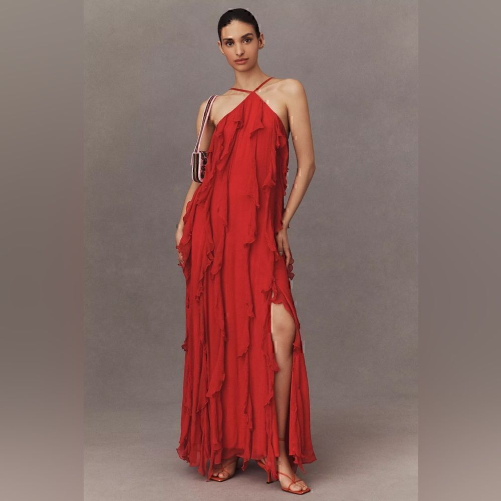 Anthropologie BHLDN Farrah High-Neck Ruffle Chiffon Maxi Dress  Medium